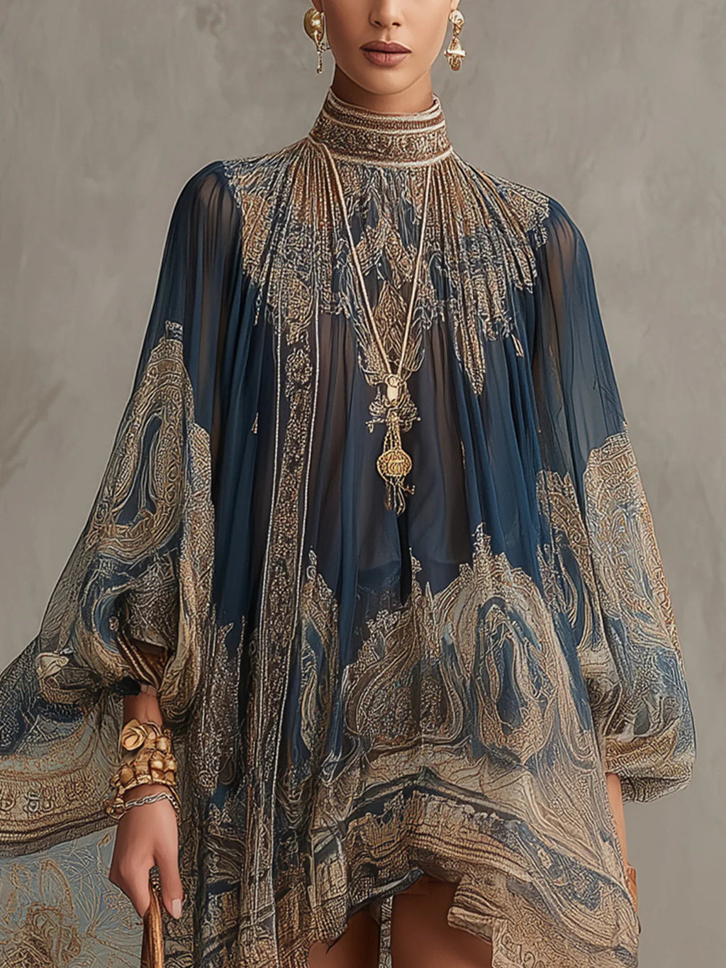 Miniabito in chiffon irregolare con stampa barocca blu navy e collo alto