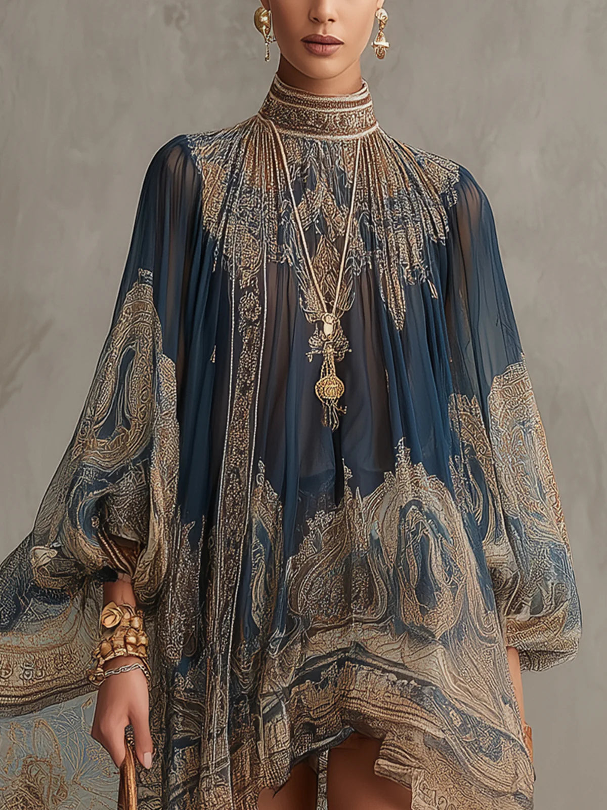 Miniabito in chiffon irregolare con stampa barocca blu navy e collo alto