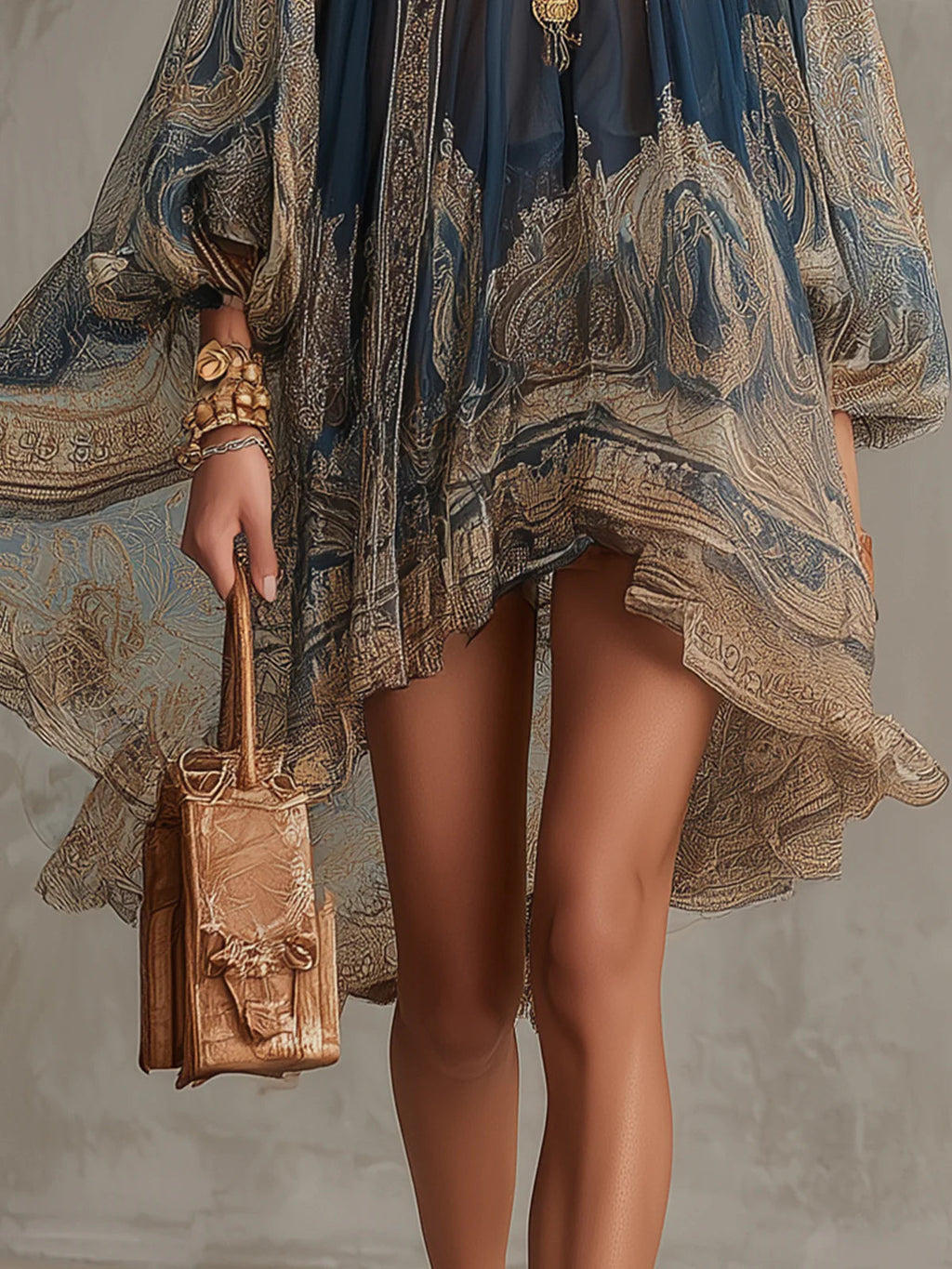 Miniabito in chiffon irregolare con stampa barocca blu navy e collo alto