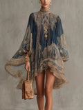 Miniabito in chiffon irregolare con stampa barocca blu navy e collo alto