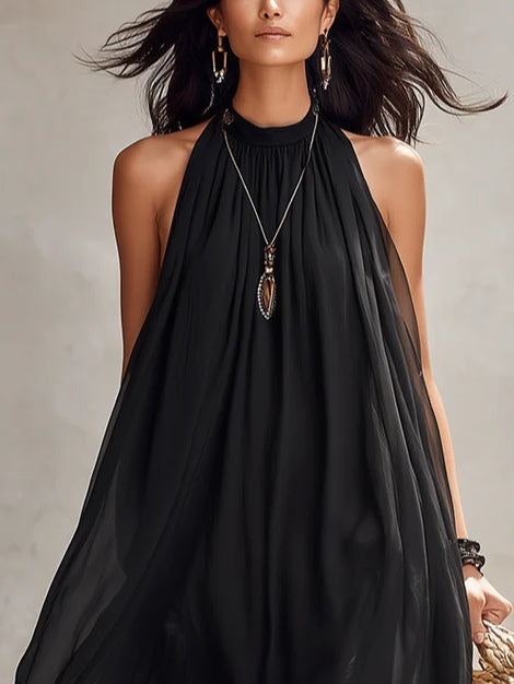 Abito Maxi Plissettato in Chiffon Nero con Scollo Halter