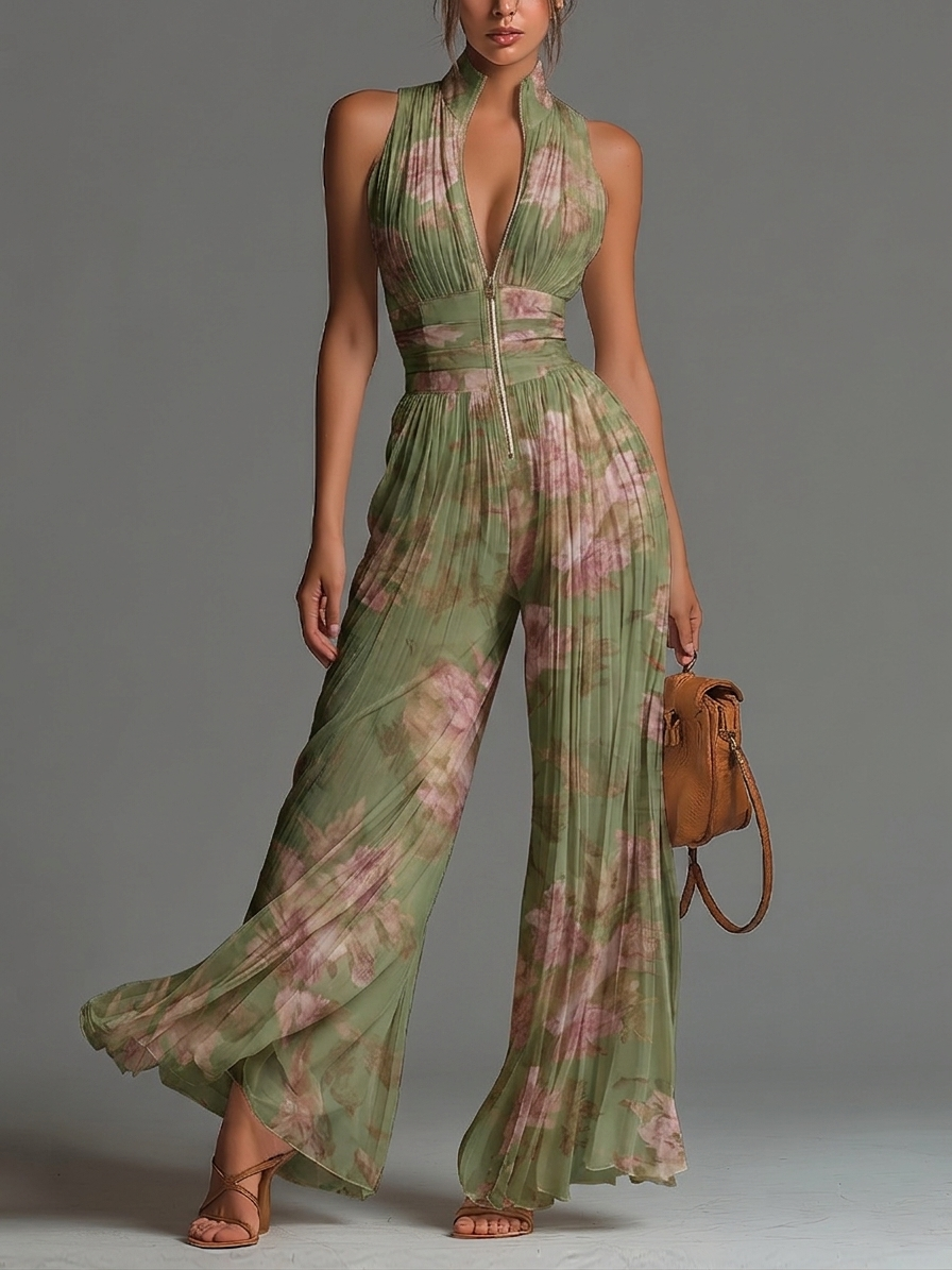 Salopette in Chiffon Verde Floreale con Scollo a V, Senza Maniche, con Zip e Pieghe, a Gamba Larga
