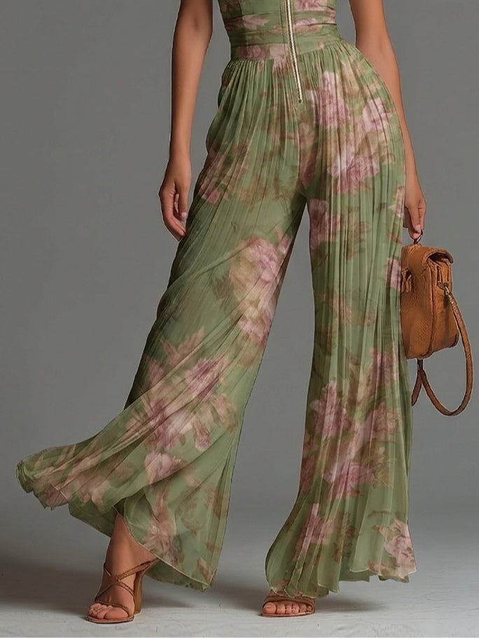 Salopette in Chiffon Verde Floreale con Scollo a V, Senza Maniche, con Zip e Pieghe, a Gamba Larga