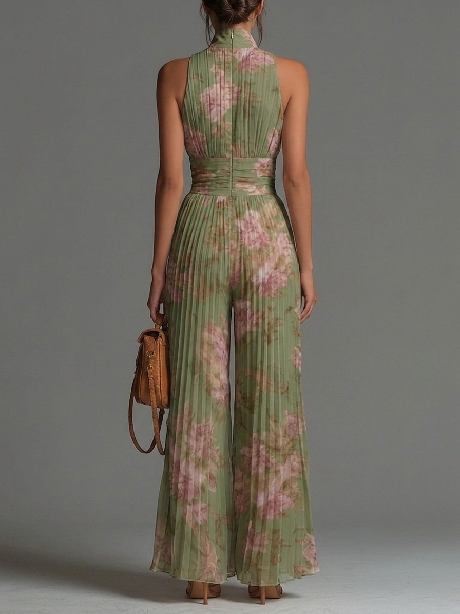 Salopette in Chiffon Verde Floreale con Scollo a V, Senza Maniche, con Zip e Pieghe, a Gamba Larga