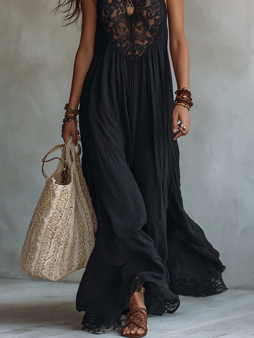 Abito Maxy Senza Maniche in Pizzo Nero Bohemien