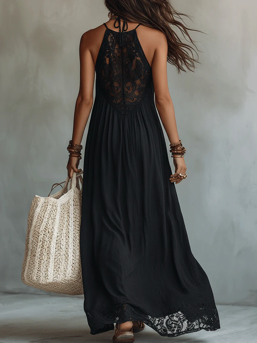 Abito Maxy Senza Maniche in Pizzo Nero Bohemien