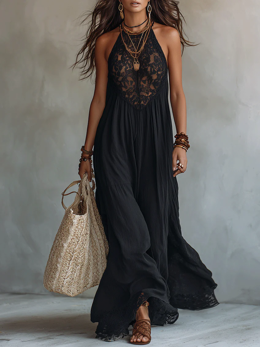 Abito Maxy Senza Maniche in Pizzo Nero Bohemien