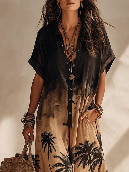 Abito Maxi Resort con Stampa Tropicale Gradiente Bohemien