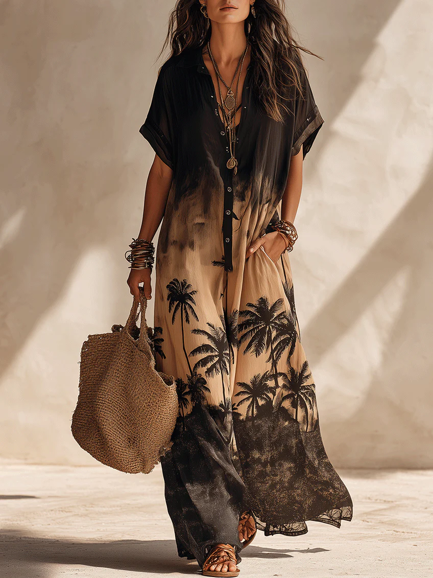 Abito Maxi Resort con Stampa Tropicale Gradiente Bohemien
