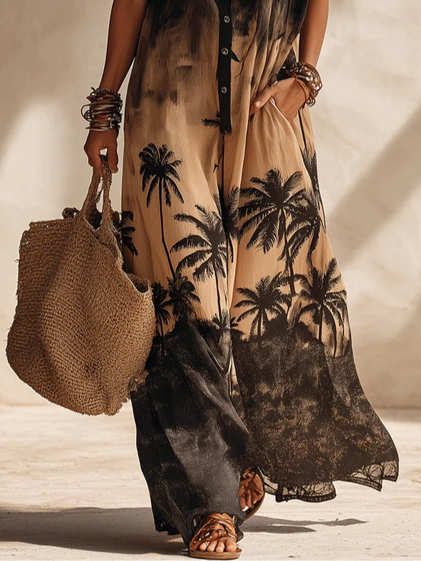 Abito Maxi Resort con Stampa Tropicale Gradiente Bohemien