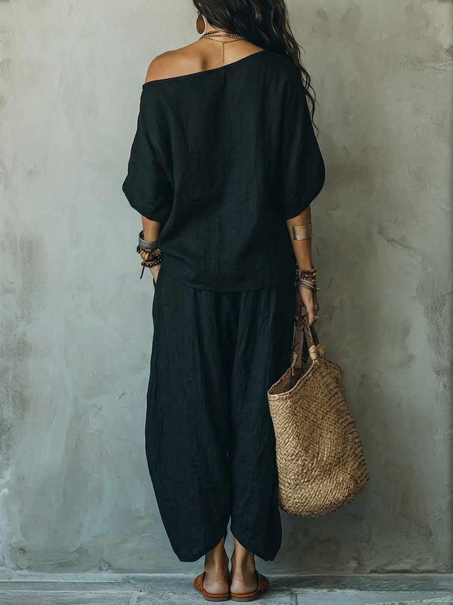 Top Nero Off-shoulder e Pantaloni Ampi Loose Suit