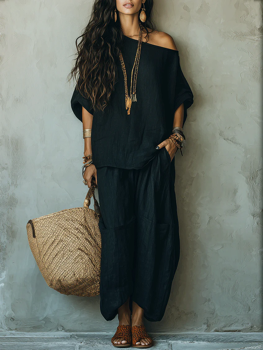 Top Nero Off-shoulder e Pantaloni Ampi Loose Suit