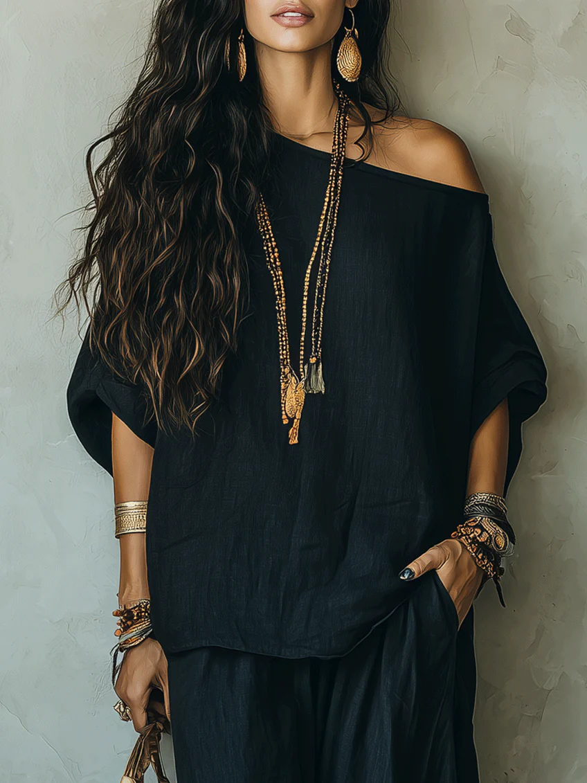 Top Nero Off-shoulder e Pantaloni Ampi Loose Suit