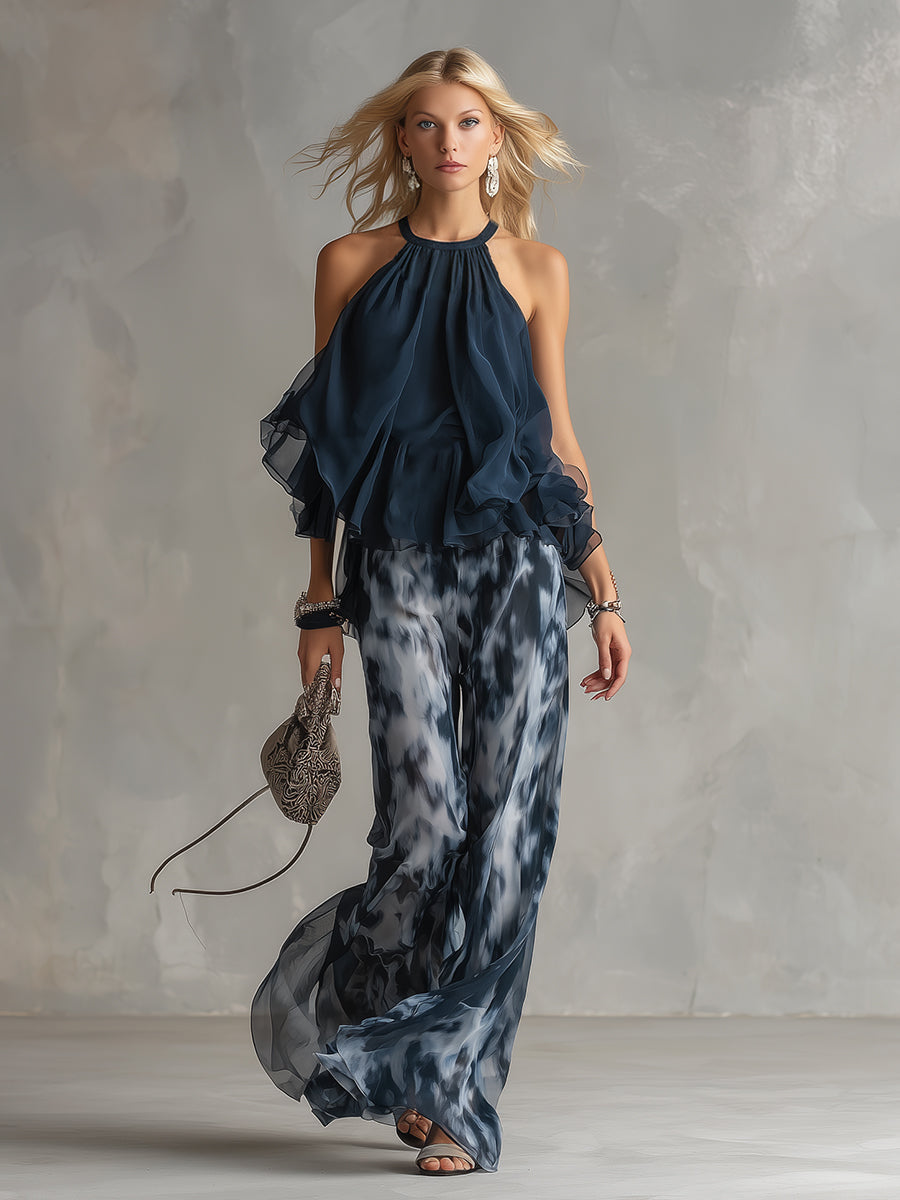 Ludovica - elegante in chiffon con top a collo alto e pantaloni larghi stampati