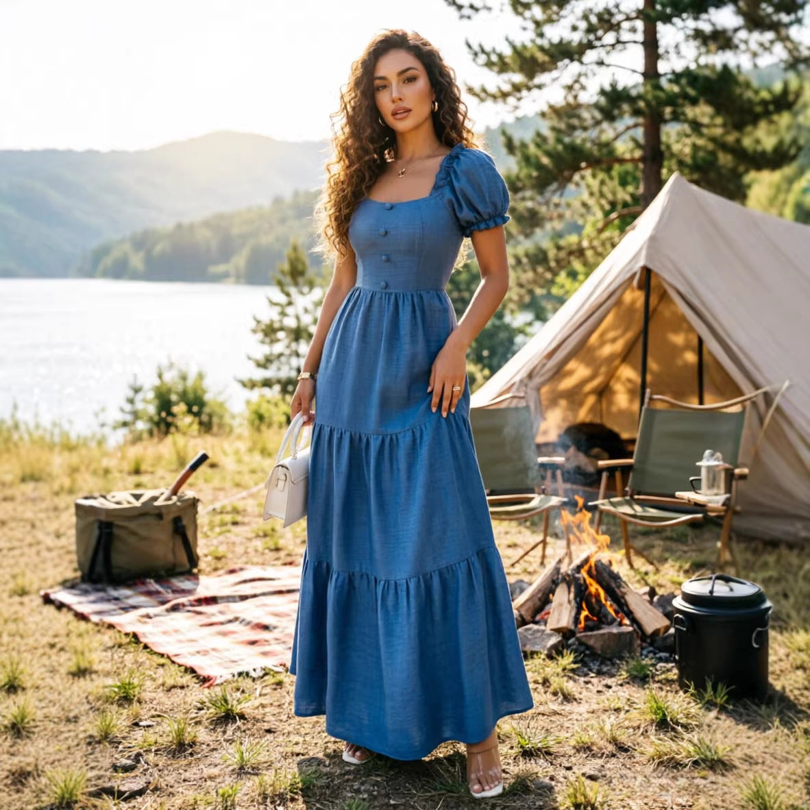 Abito Maxi a Maniche Corte in Stile Resort per Donna