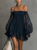 Noemi • Vestito mini in chiffon blu navy con scollo a spalle scoperte, bordo in pizzo e maniche trasparenti