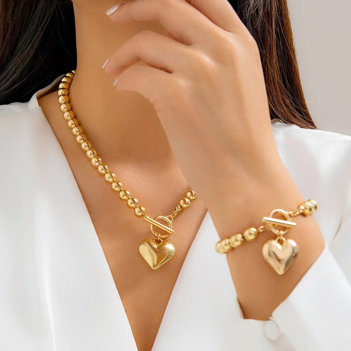 Conjunto de 2 piezas de pulsera y collar con colgante de corazón y cuentas