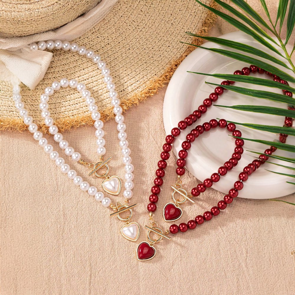 Conjunto de 2 piezas de pulsera y collar con colgante de corazón y cuentas