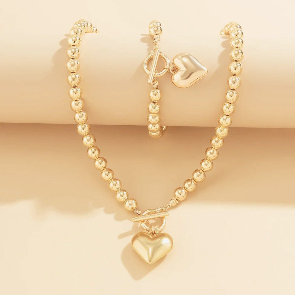 Conjunto de 2 piezas de pulsera y collar con colgante de corazón y cuentas