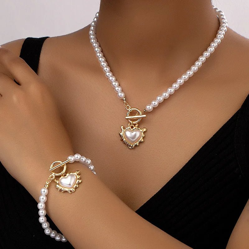 Conjunto de 2 piezas de pulsera y collar con colgante de corazón y cuentas