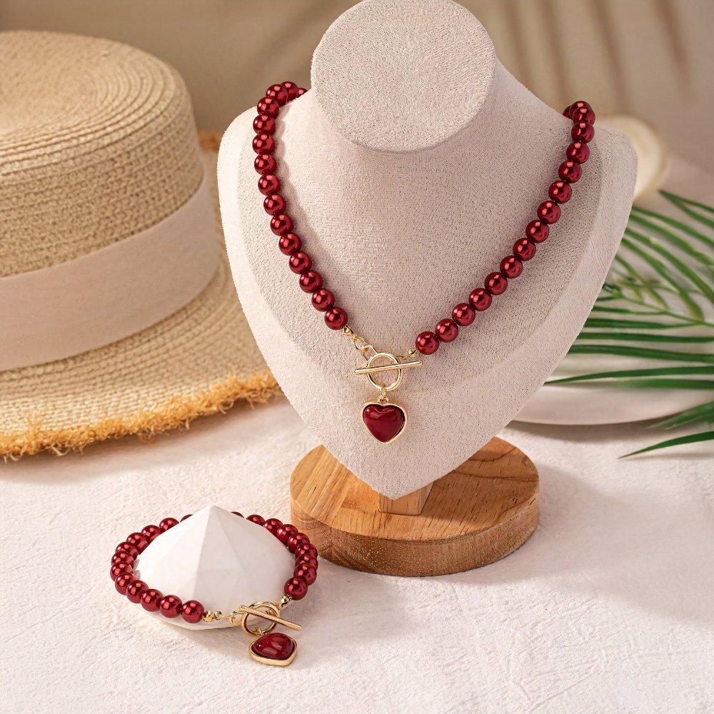 Conjunto de 2 piezas de pulsera y collar con colgante de corazón y cuentas