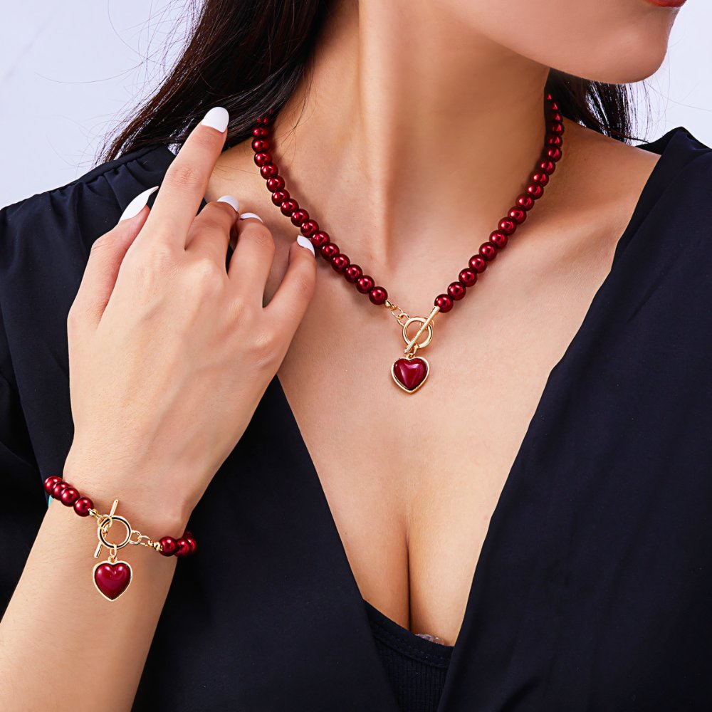 Conjunto de 2 piezas de pulsera y collar con colgante de corazón y cuentas