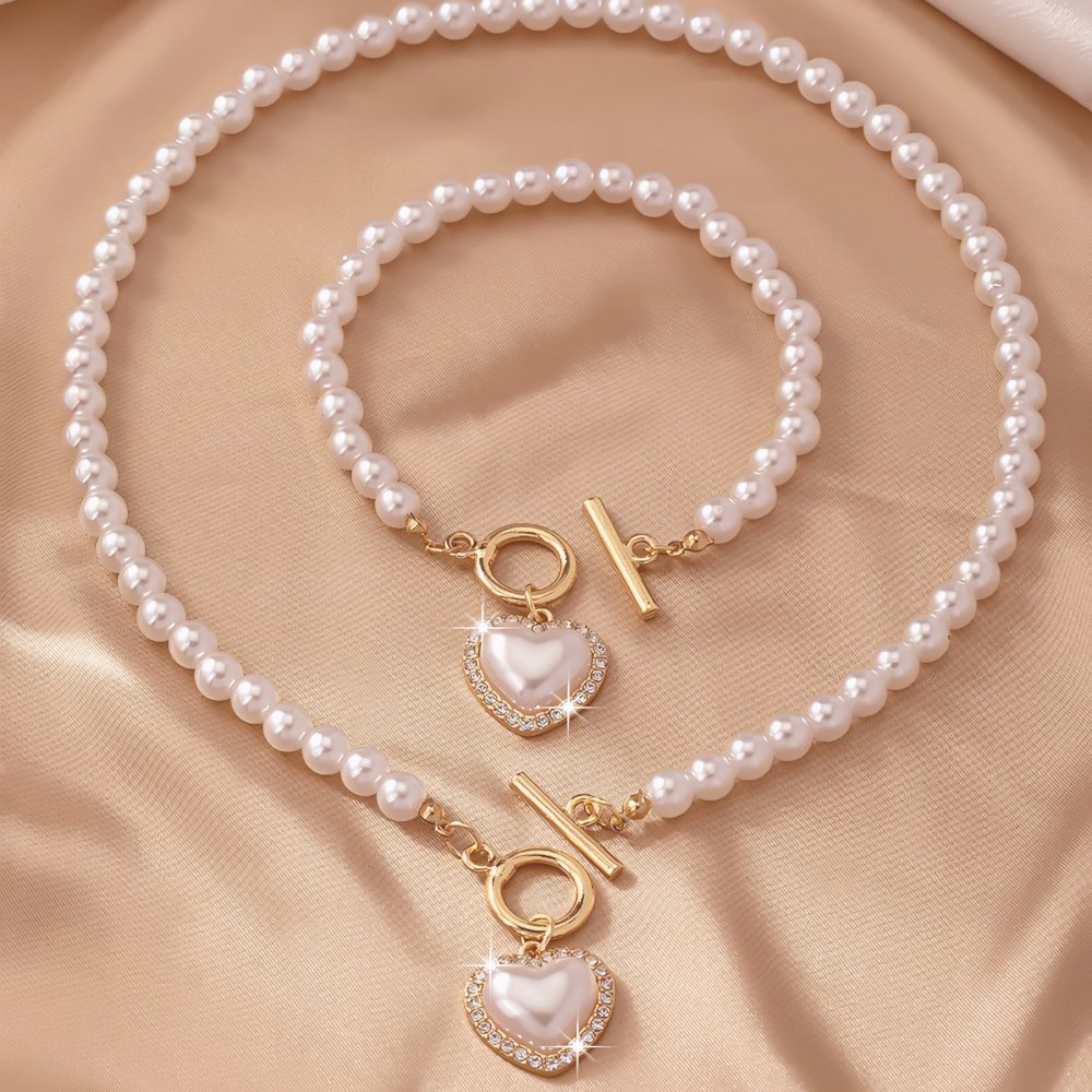 Conjunto de 2 piezas de pulsera y collar con colgante de corazón y cuentas