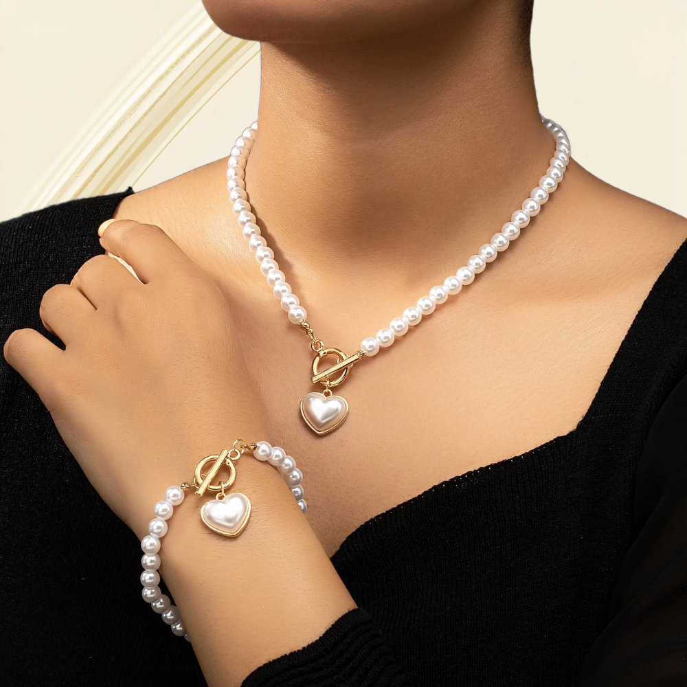 Conjunto de 2 piezas de pulsera y collar con colgante de corazón y cuentas