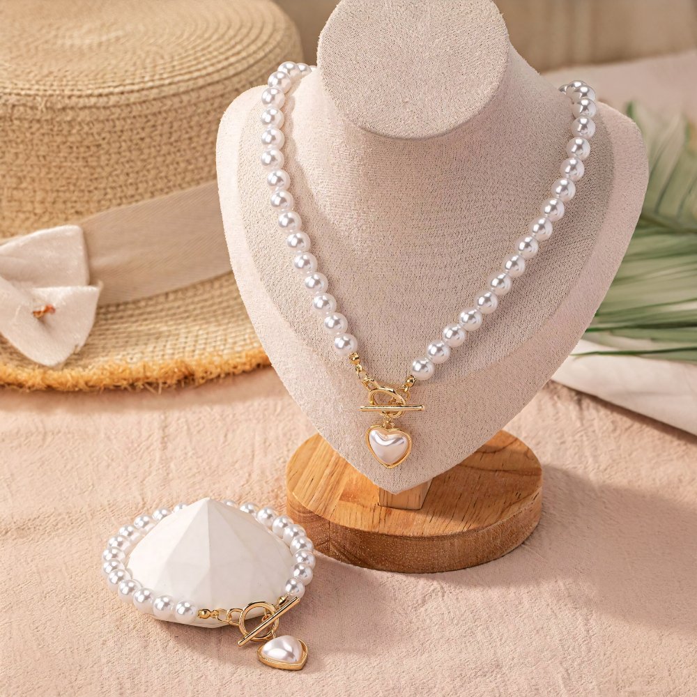 Conjunto de 2 piezas de pulsera y collar con colgante de corazón y cuentas