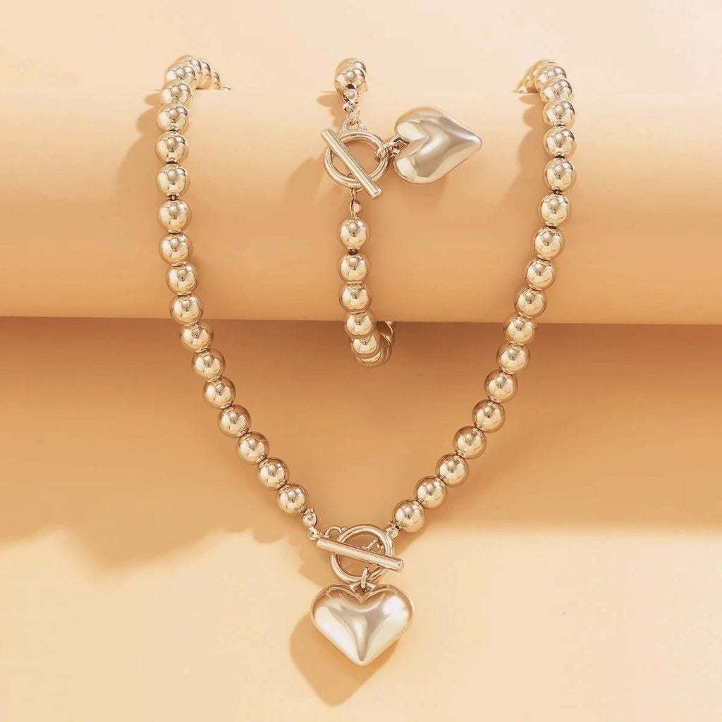Conjunto de 2 piezas de pulsera y collar con colgante de corazón y cuentas