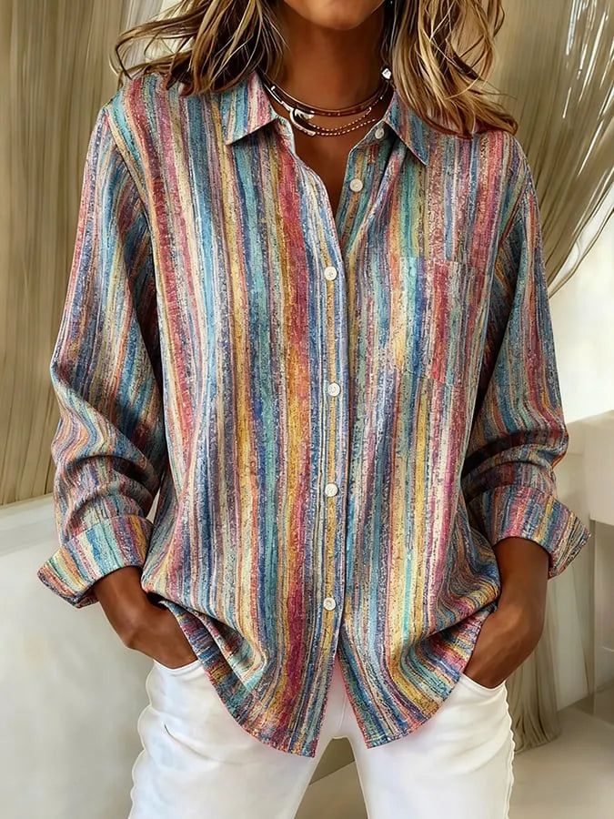 Camicia da donna casual retro con stampa a righe