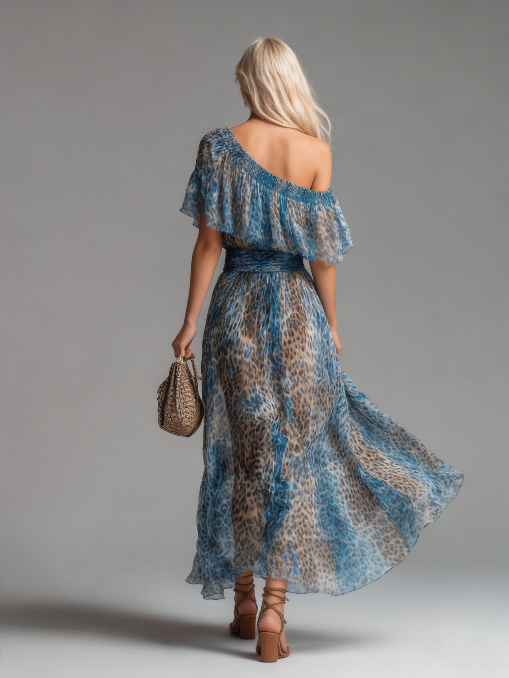 Selvaggia - Abito lungo in chiffon con stampa leopardata e spalle scoperte
