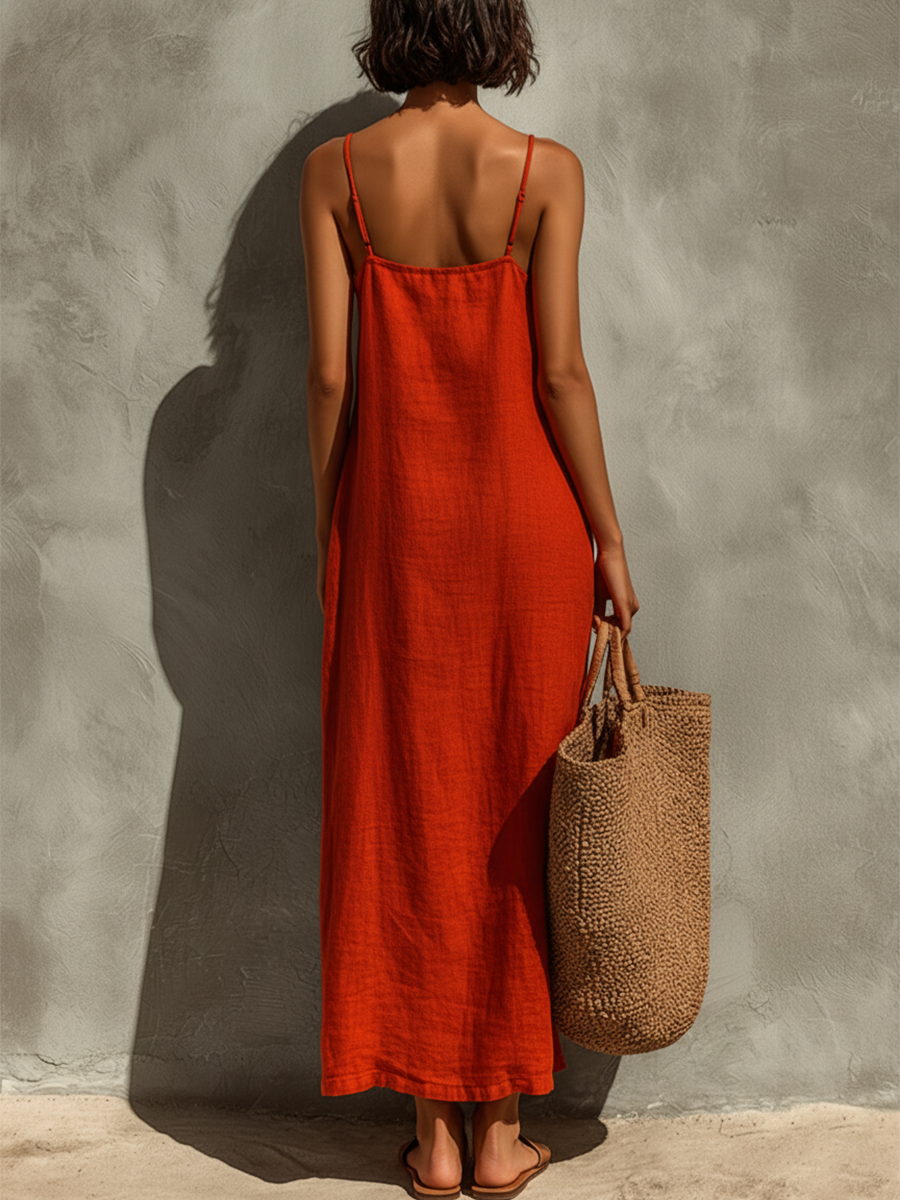Abito da donna in cotone rosso con spalline sottili e scollo quadrato, un intramontabile modello in stile boho-resort