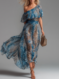 Selvaggia - Abito lungo in chiffon con stampa leopardata e spalle scoperte