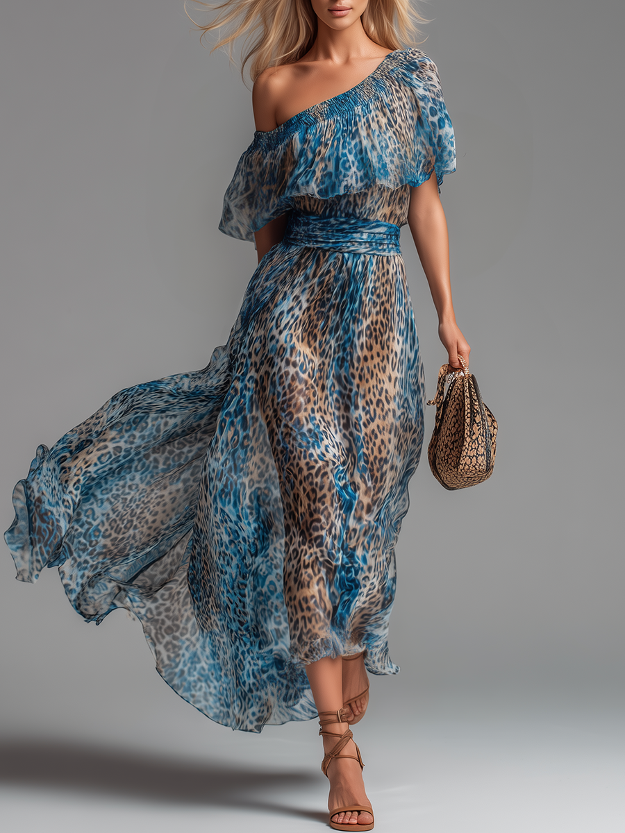 Selvaggia - Abito lungo in chiffon con stampa leopardata e spalle scoperte