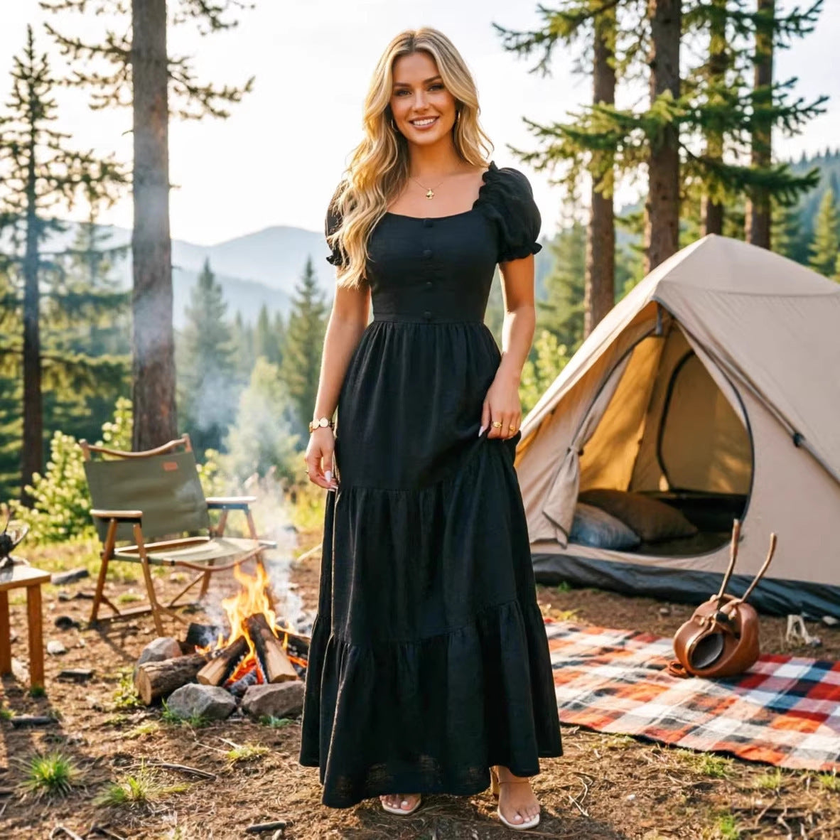 Abito Maxi a Maniche Corte in Stile Resort per Donna