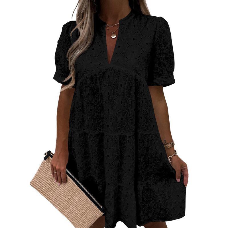 Abito A-Line V-Neck in Pizzo di Colore Solido di Alta Qualità