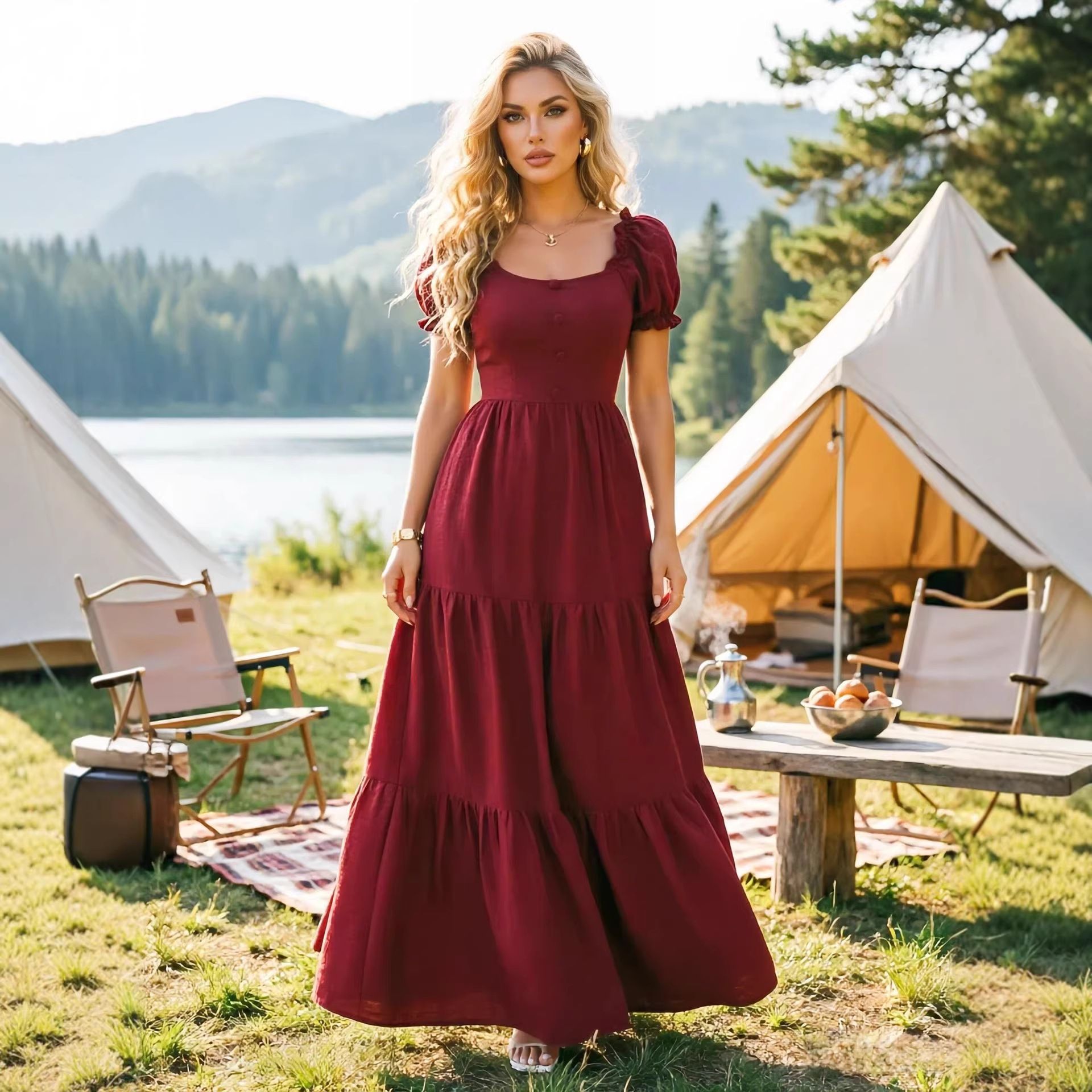 Abito Maxi a Maniche Corte in Stile Resort per Donna