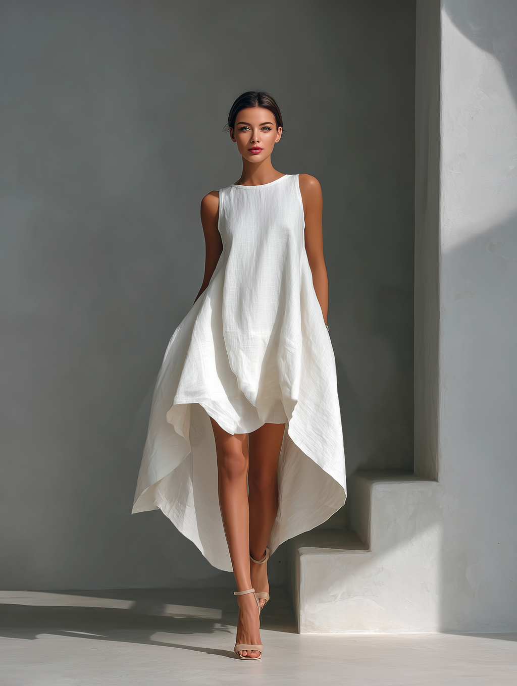Vestido midi blanco de lino sin mangas para mujer con cuello redondo y bajo asimétrico