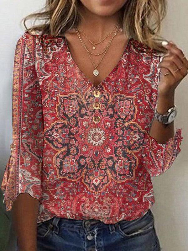 Arabella | Top V-Neck a Manica 3/4 con Stampa Rossa
