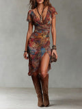 Martina - Vestido de primavera esencial, medio plisado con escote en V y estampado artístico abstracto de estilo bohemio