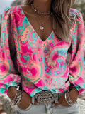 Blusa Casual Moda con Motivo Floreale Paisley per Donna