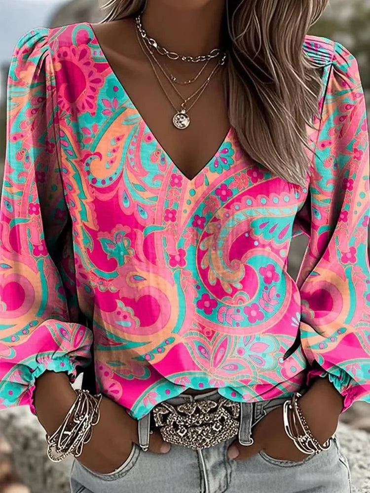 Blusa Casual Moda con Motivo Floreale Paisley per Donna