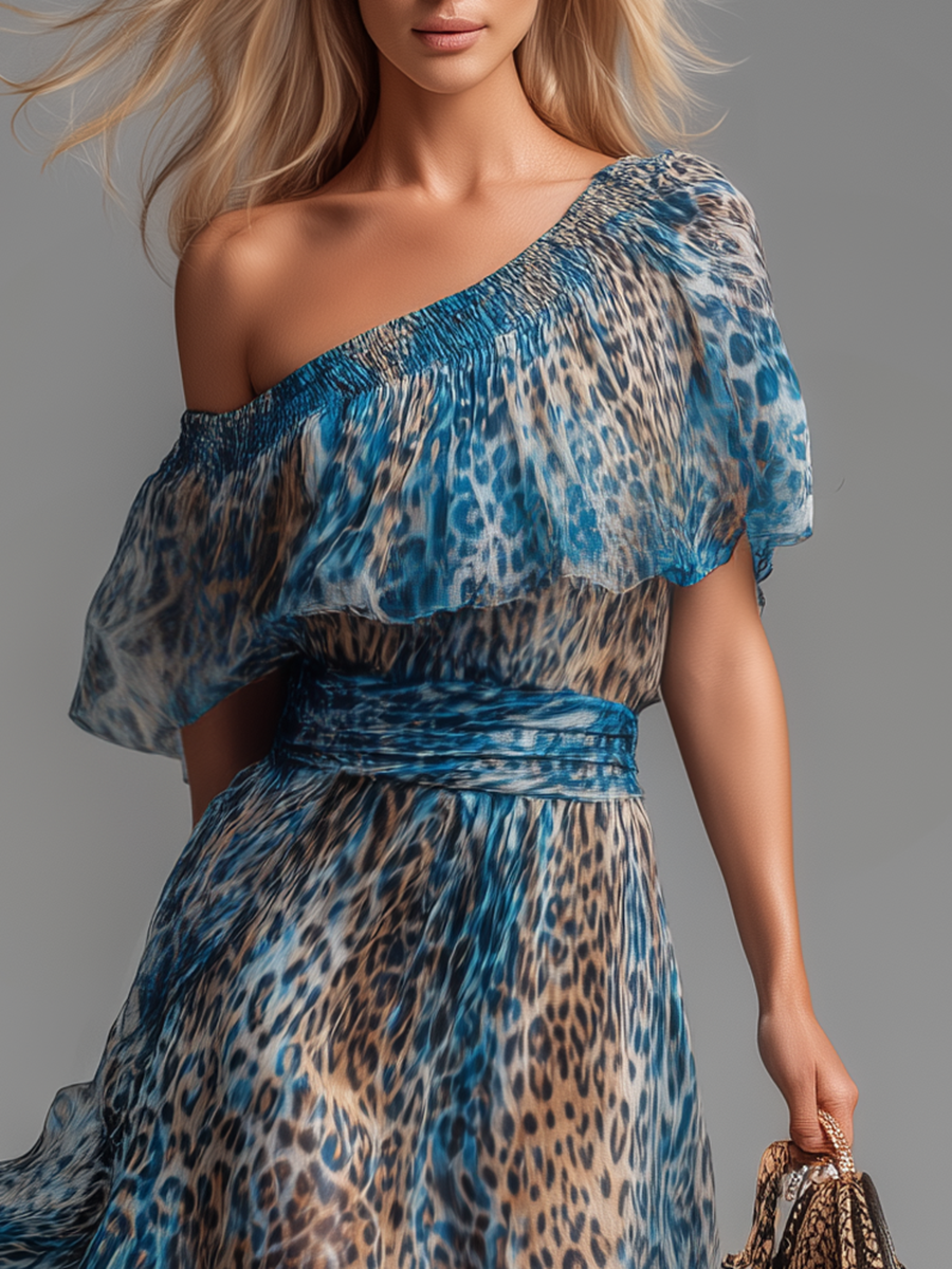 Selvaggia - Abito lungo in chiffon con stampa leopardata e spalle scoperte