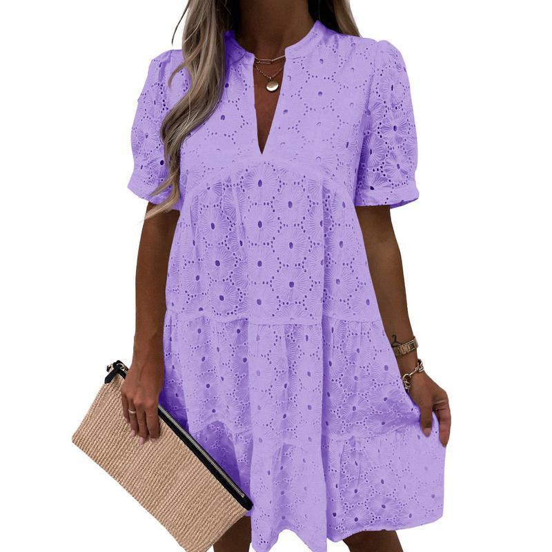 Abito A-Line V-Neck in Pizzo di Colore Solido di Alta Qualità