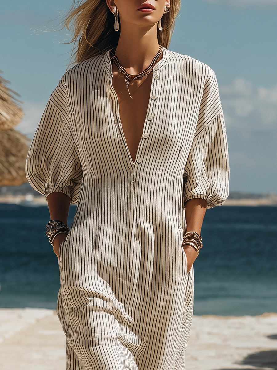 Abito midi casual bohemien a righe