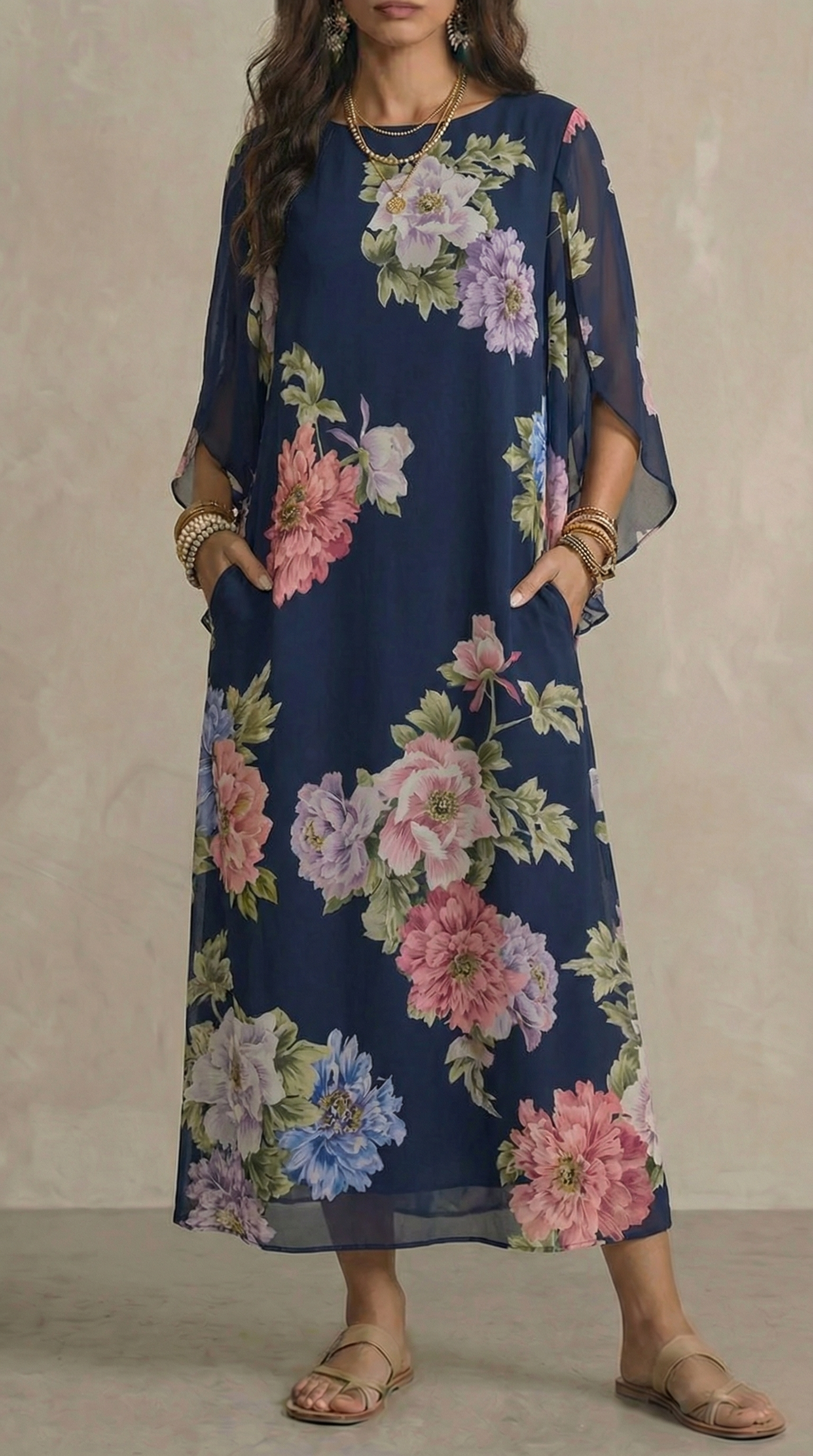 Abito Maxi in Chiffon con Stampa Floreale