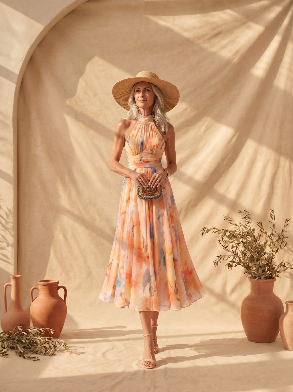 Aurora | Vestido con Cuello Halter y Estampado Acuarela