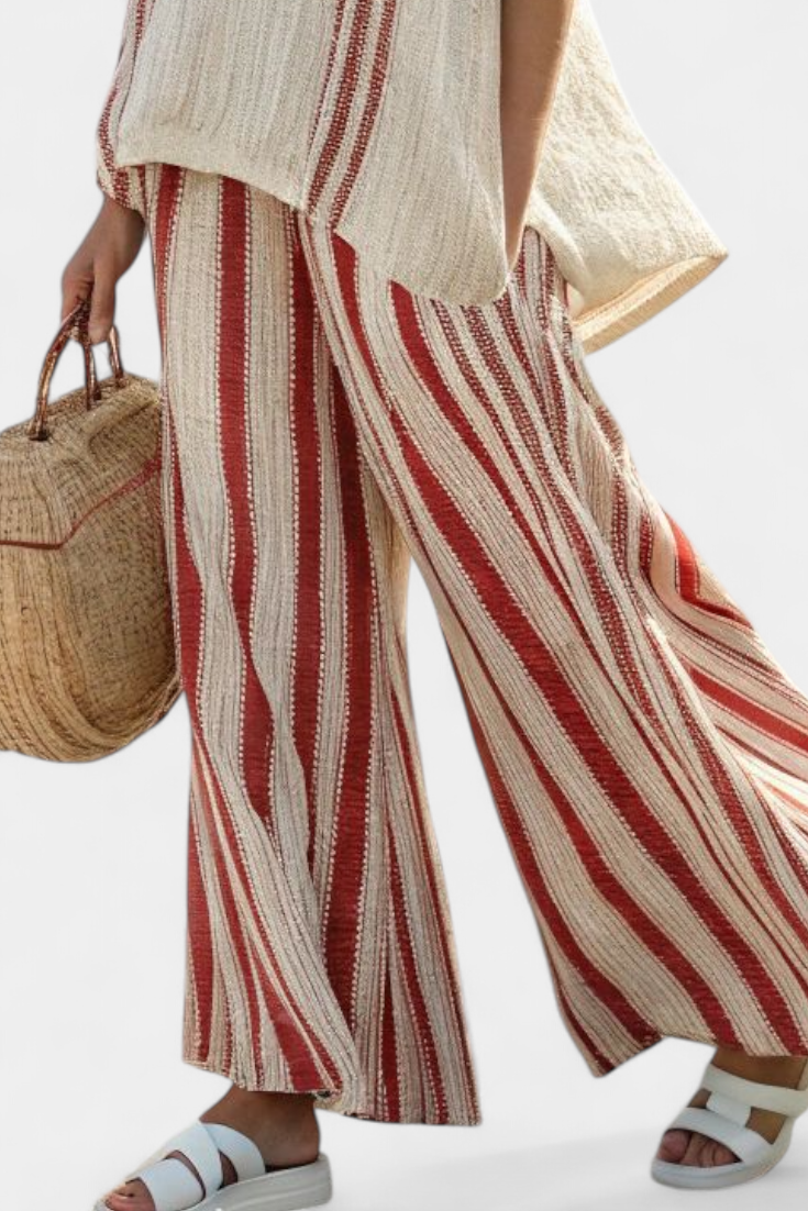 Mirella | Top Rosso a Strisce Texturizzato e Pantaloni in Lino