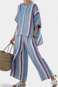 Faelith | Elegante Top Malva Pastello & Pantaloni di Lino a Righe